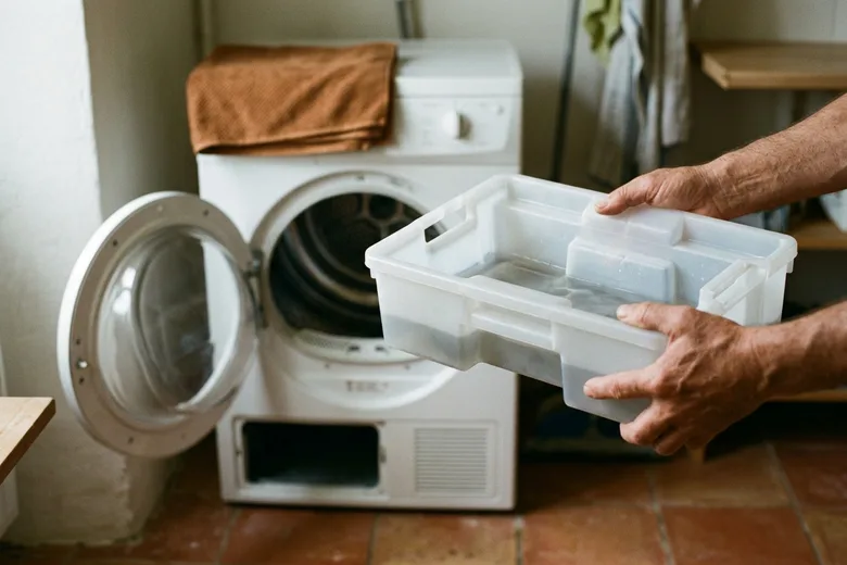 Deux mains sortent un réservoir d’eau transparent partiellement rempli d’un sèche-linge à porte ouverte, un torchon roux posé sur l’appareil dans une buanderie au sol en terre cuite
