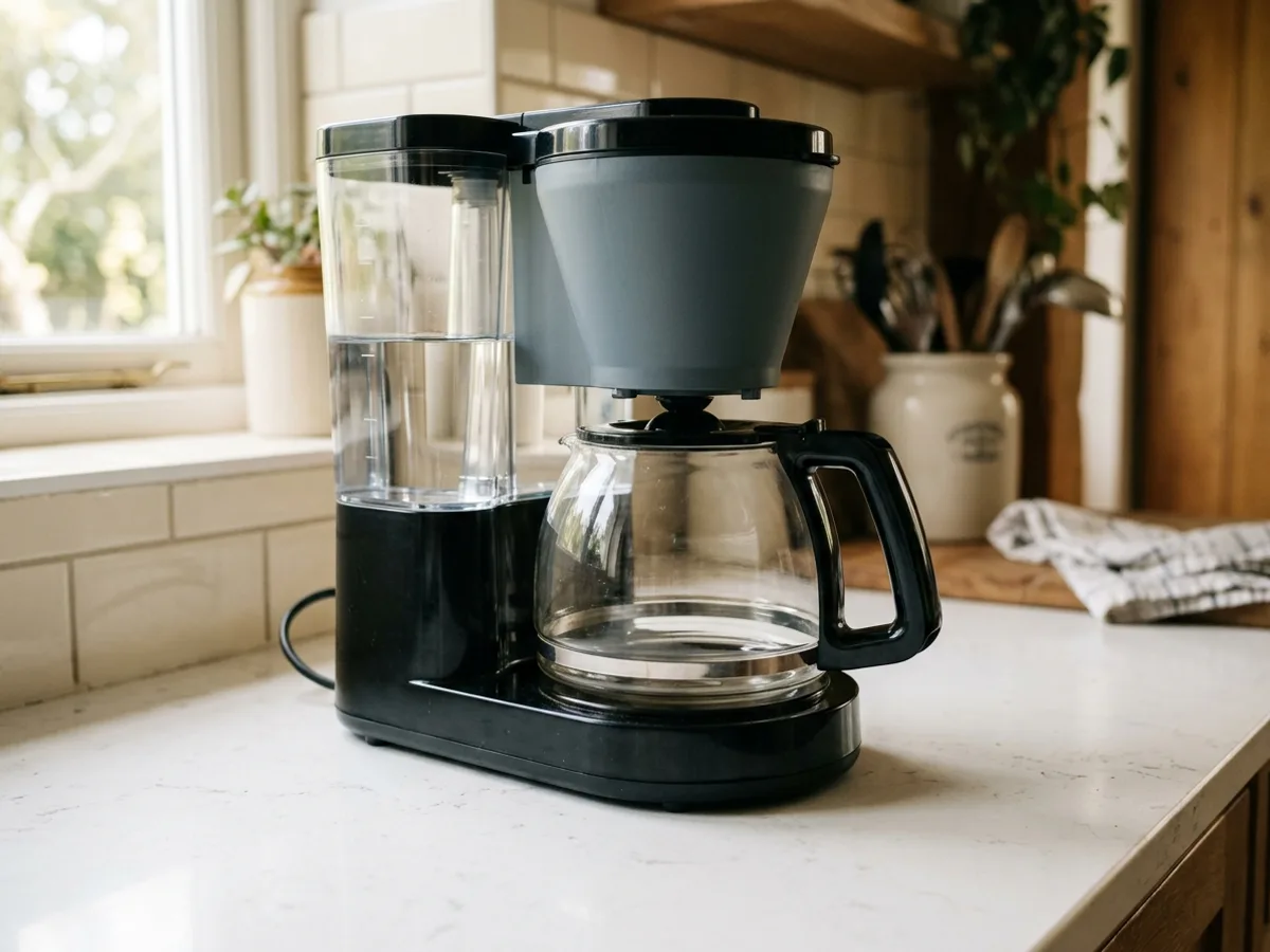 Une cafetière à filtre avec son porte-filtre conique et sa verseuse en verre vide — la première des deux familles de machines, l’autre étant la machine à expresso automatique