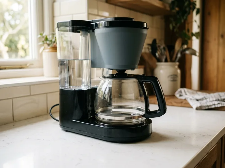 Une cafetière à filtre avec son porte-filtre conique et sa verseuse en verre vide — la première des deux familles de machines, l’autre étant la machine à expresso automatique