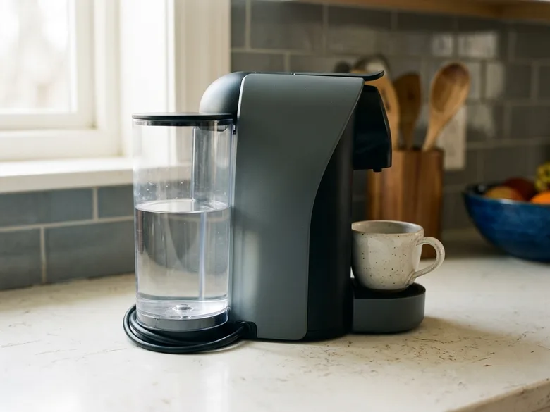 Une machine à capsules vue de côté, son réservoir d’eau visible et une tasse sur la grille