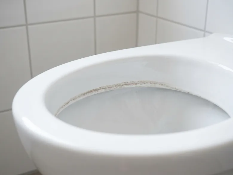 L’intérieur d’une cuvette de WC en céramique blanche, avec un cerne de tartre au niveau de l’eau